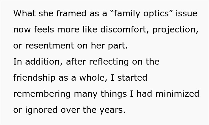 Text excerpt discussing discomfort and resentment affecting a friendship after a woman bans best friend&rsquo;s baby and husband from engagement party.