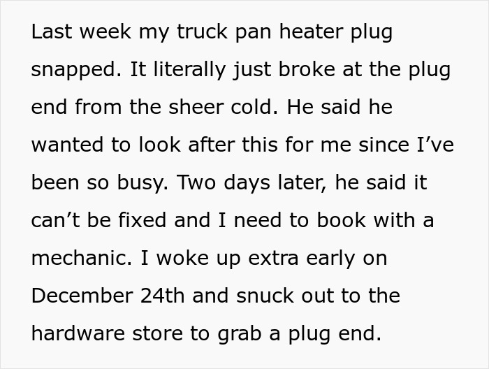 Text about woman ready to dump her boyfriend because he feels emasculated when she fixes things, describing a truck heater plug issue.