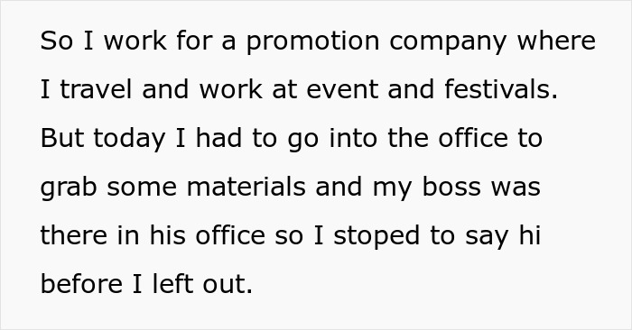 Text excerpt from a person describing their experience working in promotions and visiting the office, related to refuse shaving legs work.
