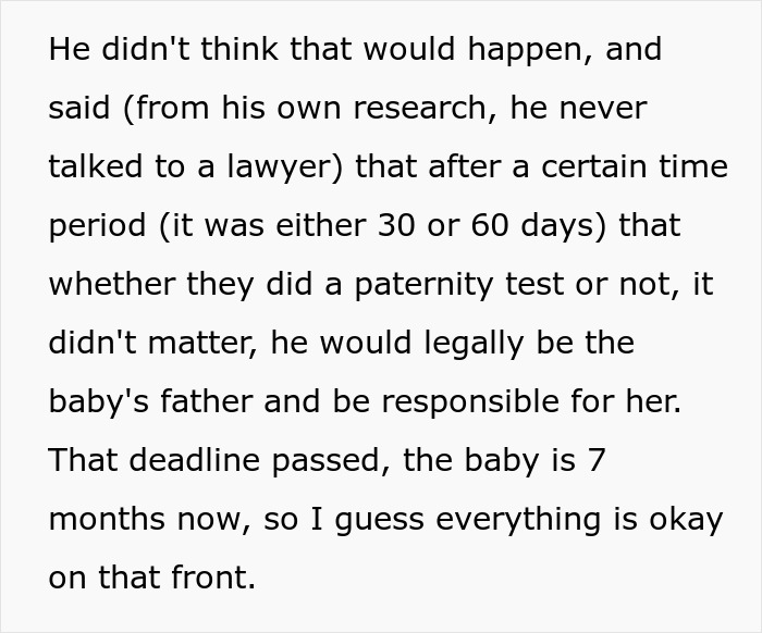 Text excerpt about a man facing legal responsibility as baby&rsquo;s father after a deadline for paternity test passes.