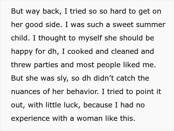 Text excerpt about difficulties with MIL's behavior, describing attempts to please and eventual realization of a long game MIL played.