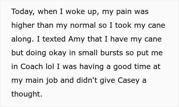 Text message describing increased pain and use of a cane, mentioning coworker and disability debate.