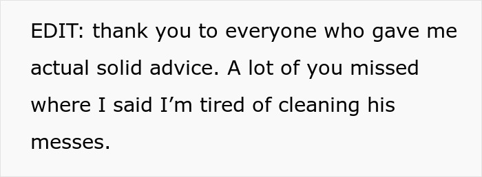 Text post with a user editing to clarify she is tired of cleaning her husband's messes at home. Text post with a user editing to clarify she is tired of cleaning her husband's messes at home.