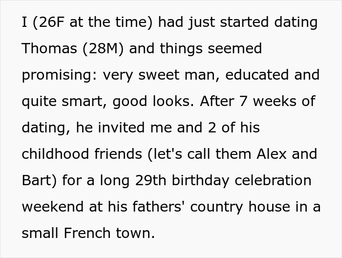 Text excerpt describing a woman dating a man who invites friends for his 29th birthday in a French country house.