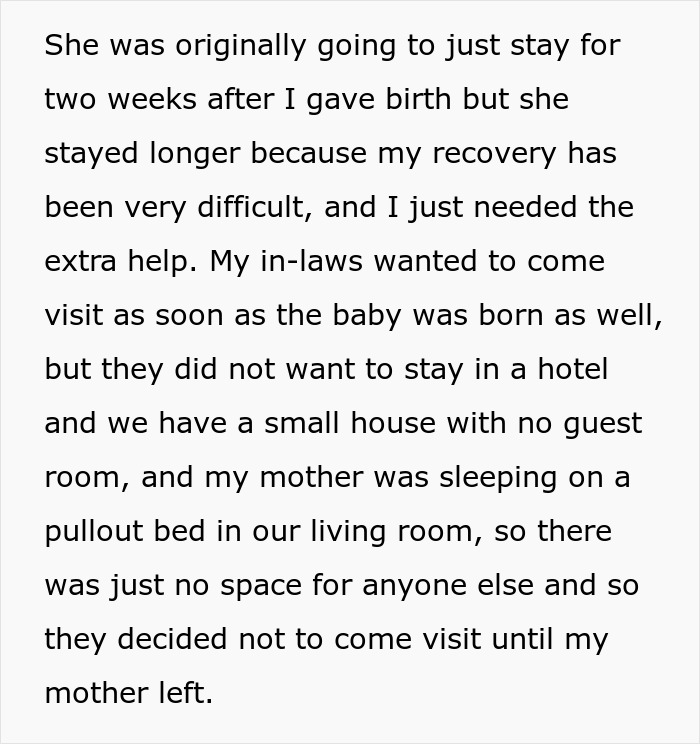 Text excerpt explaining a new mom&rsquo;s difficult recovery and conflict with husband&rsquo;s in-laws not helping with baby.