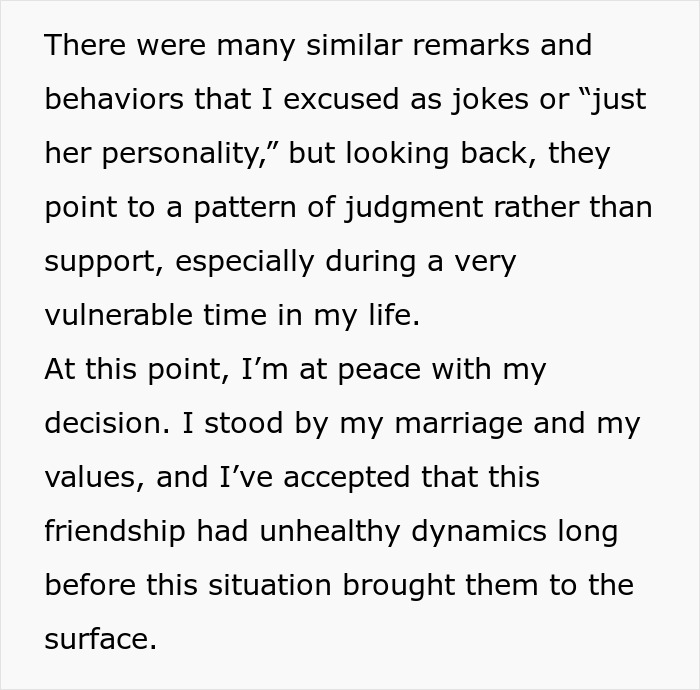 Text discussing judgment and unhealthy friendship dynamics during a vulnerable time in a woman's life.