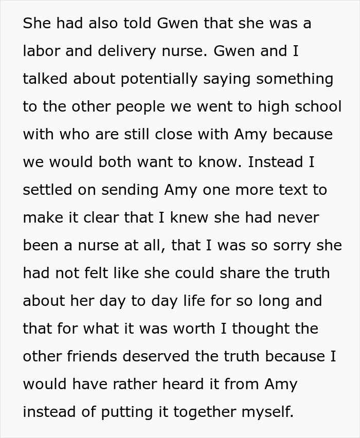 Text excerpt describing a woman deciding to lie about her career, fabricating stories over ten years.