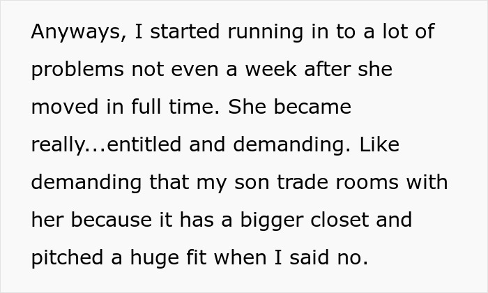 Text excerpt discussing bratty teen causing problems and demanding room changes, leading to tension and eviction papers.