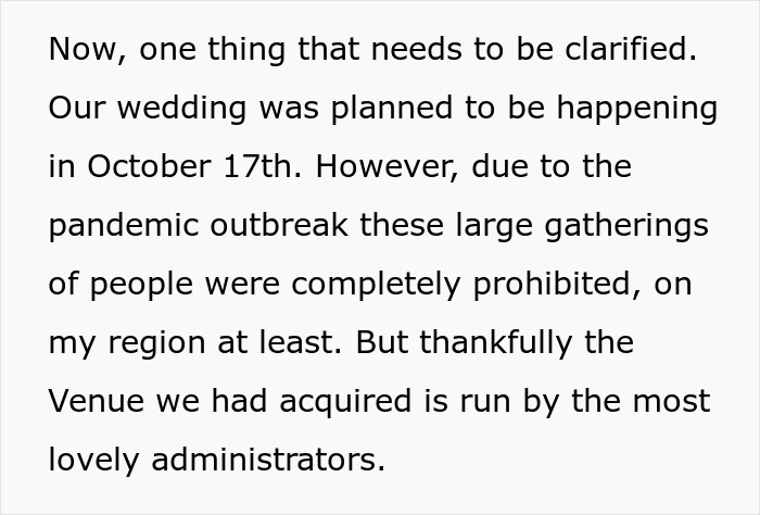 Text excerpt discussing wedding plans delayed by pandemic, highlighting conflict with man&rsquo;s parents guilt-tripping couple over having kids.