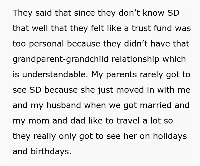 Text discussing feelings about a step-daughter trust fund and limited grandparent-grandchild relationship visits.