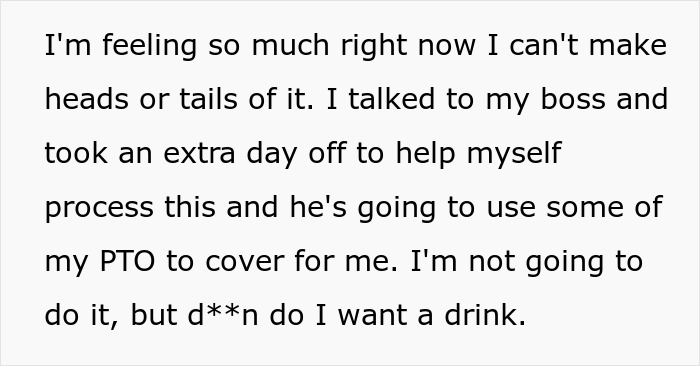 Text expressing a dad feeling overwhelmed after being accused by his kids, taking time off work to cope.