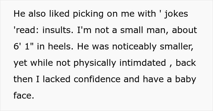 Text excerpt from a story where a guy describes being bullied at work and lacking confidence despite his height.