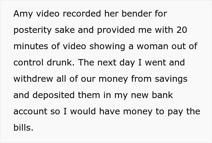 Text excerpt describing a woman&rsquo;s act exposed by husband and BFF with video evidence leading to financial loss.