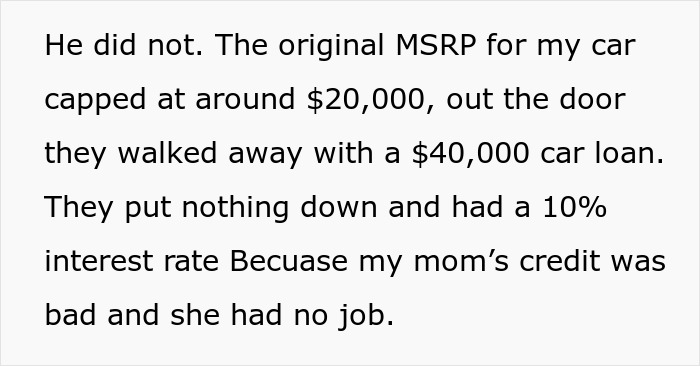 Text excerpt showing a $40,000 car loan and teen’s first car turning into a debt trap set by mom. Text excerpt showing a $40,000 car loan and teen’s first car turning into a debt trap set by mom.