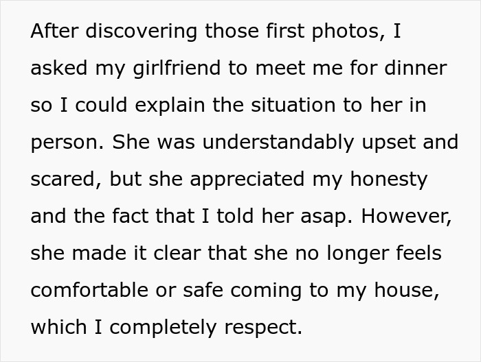 Text excerpt about a guy explaining to his girlfriend after his mother secretly went through her wallet and took ID photos.