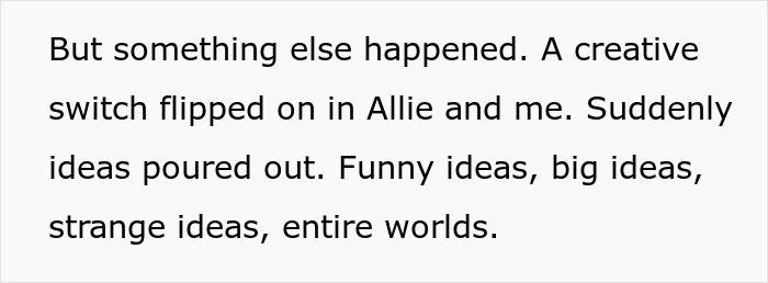Text excerpt discussing a creative switch flipping on, leading to funny and big ideas for a restaurant pitch.