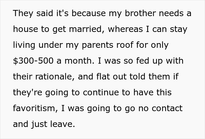 Screenshot of a message about parents house payment and favoritism, writer upset and threatening to go no contact.