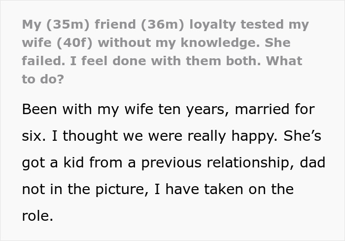 Text message from a man about his friend&rsquo;s loyalty test on his wife, involving catfishing and marriage issues.