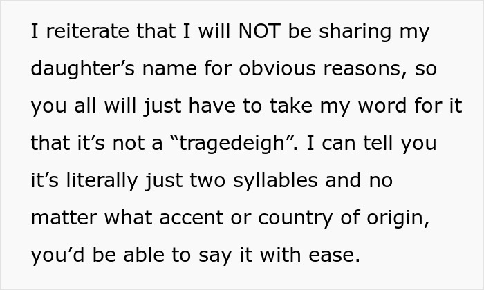 Text excerpt about mil-refuse-baby-name, explaining reluctance to share the daughter&rsquo;s name due to privacy reasons.
