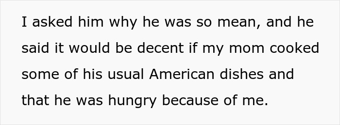 Text about a guy upset and throwing a fit over being served traditional gross food instead of American dishes. Text about a guy upset and throwing a fit over being served traditional gross food instead of American dishes.