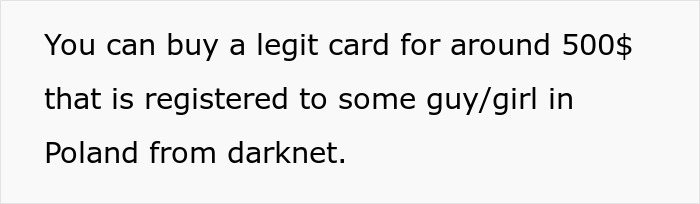 Text showing a message about buying a legit card for around $500 registered to someone in Poland from the darknet.