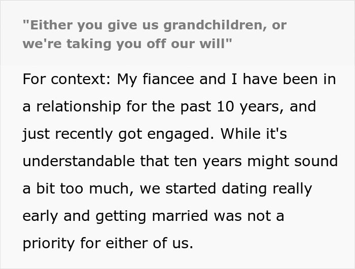 Text excerpt showing a couple facing pressure from man&rsquo;s parents about having kids and disinheritance threats.