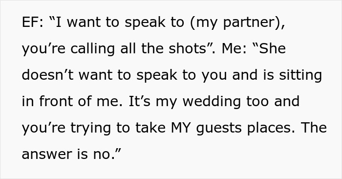 Text conversation about estranged relatives demanding access to a wedding and being denied guest places firmly.