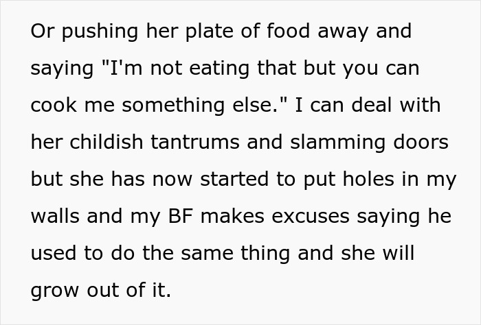 Text excerpt about bratty teen breaking walls and causing mess in room, stepmom considering eviction papers.