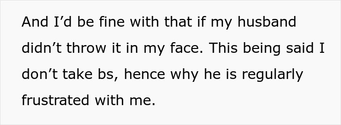 Text excerpt showing frustration in a relationship with husband throwing a full-blown tantrum after wife disagrees.