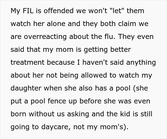 Text excerpt discussing in-laws refusing to take grandchild safety seriously, leading to babysitting ban. Text excerpt discussing in-laws refusing to take grandchild safety seriously, leading to babysitting ban.