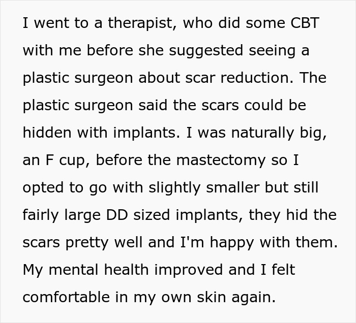 Text describing a cancer surgery story focused on plastic surgery and implants improving mental health after mastectomy.