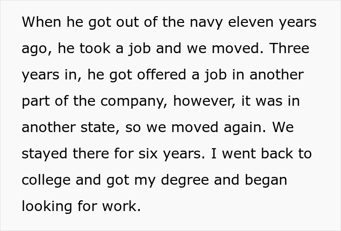 Text excerpt describing a woman frequently relocating for husband&rsquo;s career and now seeking stability after decades of moving.