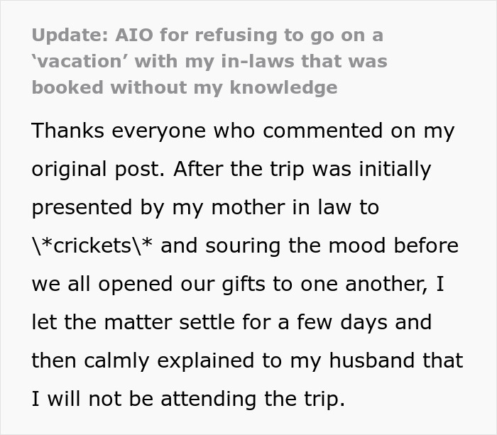 Text update about DIL refusing overbearing MIL's plans made without her knowledge, deciding not to attend trip.