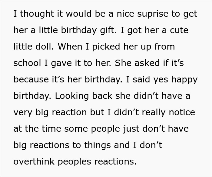 Text describing babysitter giving a birthday gift to a child with mother furious about the gesture and reaction.