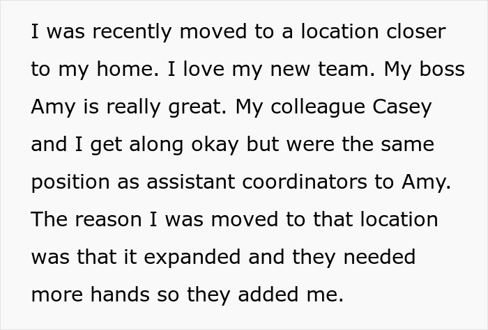 Text excerpt discussing workplace relationships and roles after moving to a new location near home.