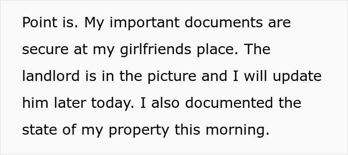Text message discussing important documents secured at a girlfriend's place and updating landlord on property status.