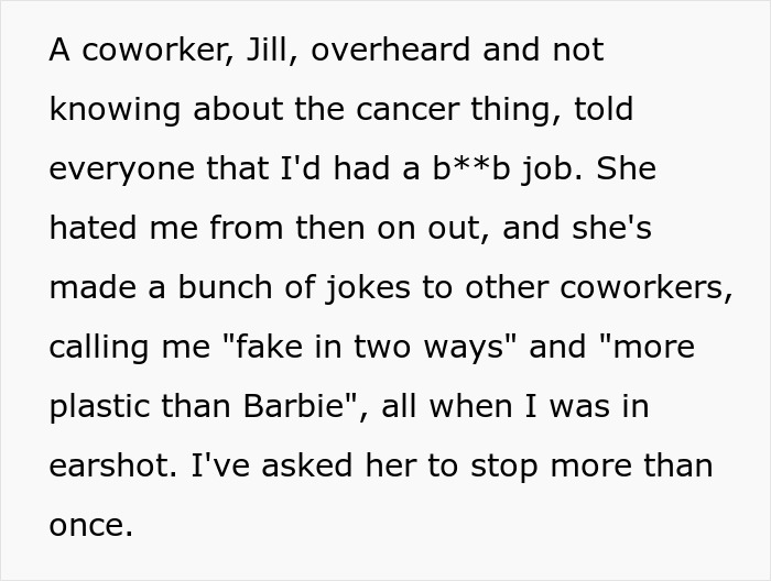 Text from a 28-year-old sharing a cancer surgery story after a coworker made hurtful comments comparing her to Barbie.