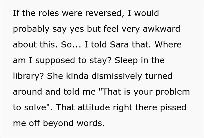 Text excerpt showing a guy refusing to pay for a hotel while helping his roommate lie to her conservative family.