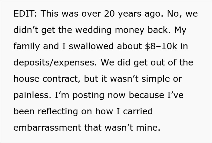 Screenshot of paragraph reflecting on embarrassment after man breaks off engagement via his dad