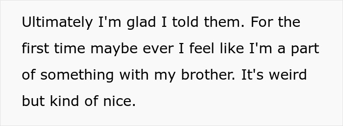 Text excerpt showing a personal reflection about feeling connected to a brother, related to Venmo search revealing a fabricated past.