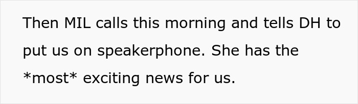 Text message describing a husband receiving a surprise call from parents about an exciting honeymoon update.