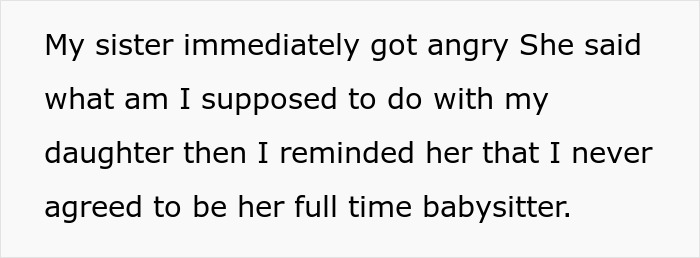 Text excerpt showing a woman refusing to be a full-time babysitter after family pressures to be a free nanny.