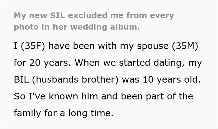 Bride enters new family with drama after deliberately excluding sister-in-law from wedding photos, causing family tension.