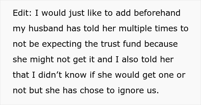 Text discussing concerns about a step-daughter trust fund and expectations set by the husband and wife.