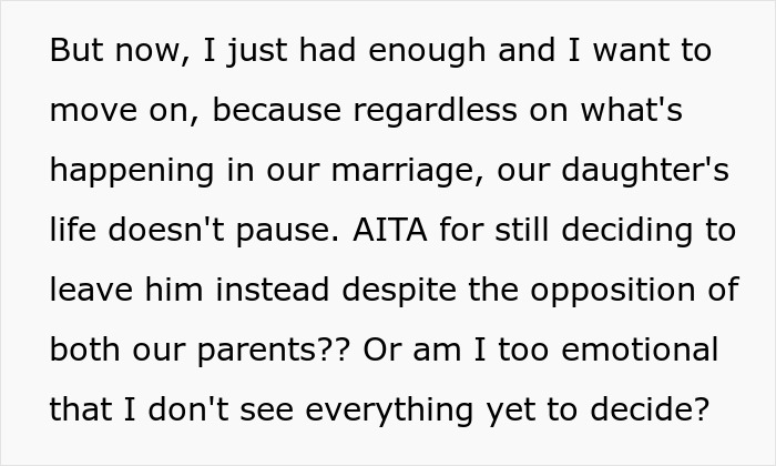 Text excerpt showing a wife&rsquo;s emotional struggle and decision to leave marriage despite parents&rsquo; opposition.