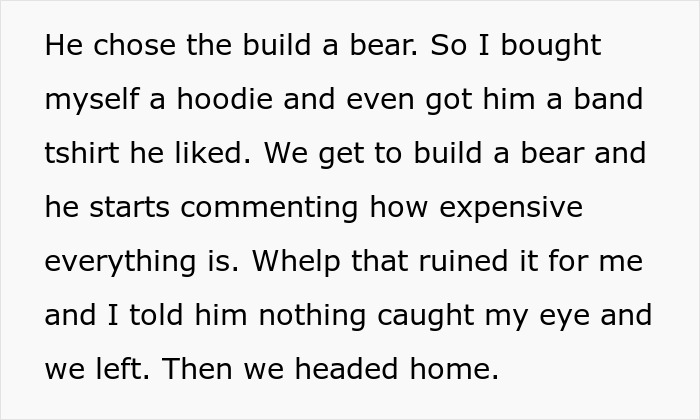 Text excerpt showing a woman reflecting on mismatched relationship energy with her boyfriend during a build-a-bear outing. Text excerpt showing a woman reflecting on mismatched relationship energy with her boyfriend during a build-a-bear outing.