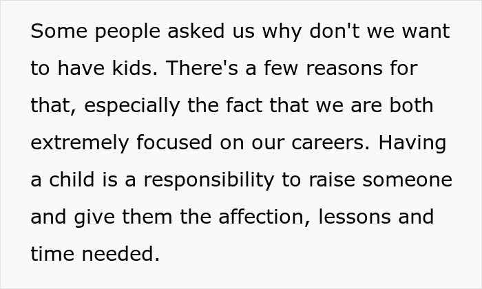 Text explaining why a couple does not want kids, highlighting career focus and parenting responsibilities.