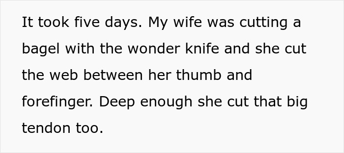 Text describing a wife cutting herself with a dangerous gift knife from her mom despite husband's warning.