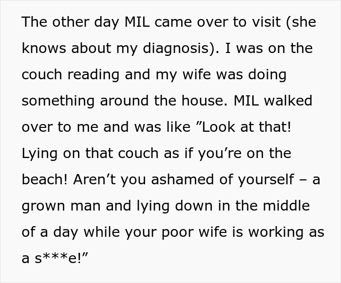 Text excerpt showing a man suffering from cancer and conflict with his mother-in-law (MIL) during a home visit.