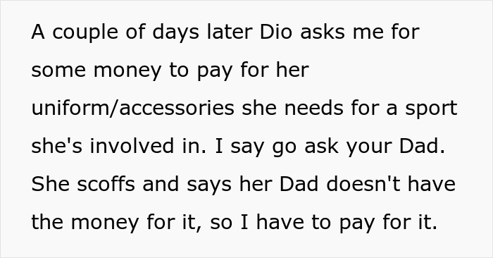 Teen tells guy he’s not her dad and is shocked when he refuses to give her money for sport uniform accessories. Teen tells guy he’s not her dad and is shocked when he refuses to give her money for sport uniform accessories.